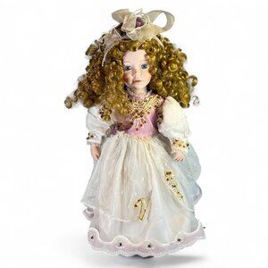Vintage Style Porcelain Doll Wonder Treats Inc 18" Blonde Curly Hair Dress